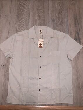Dandy Del Mar Linen Cotton Camp Shirt Embroidered Floral Guayabera Size Large